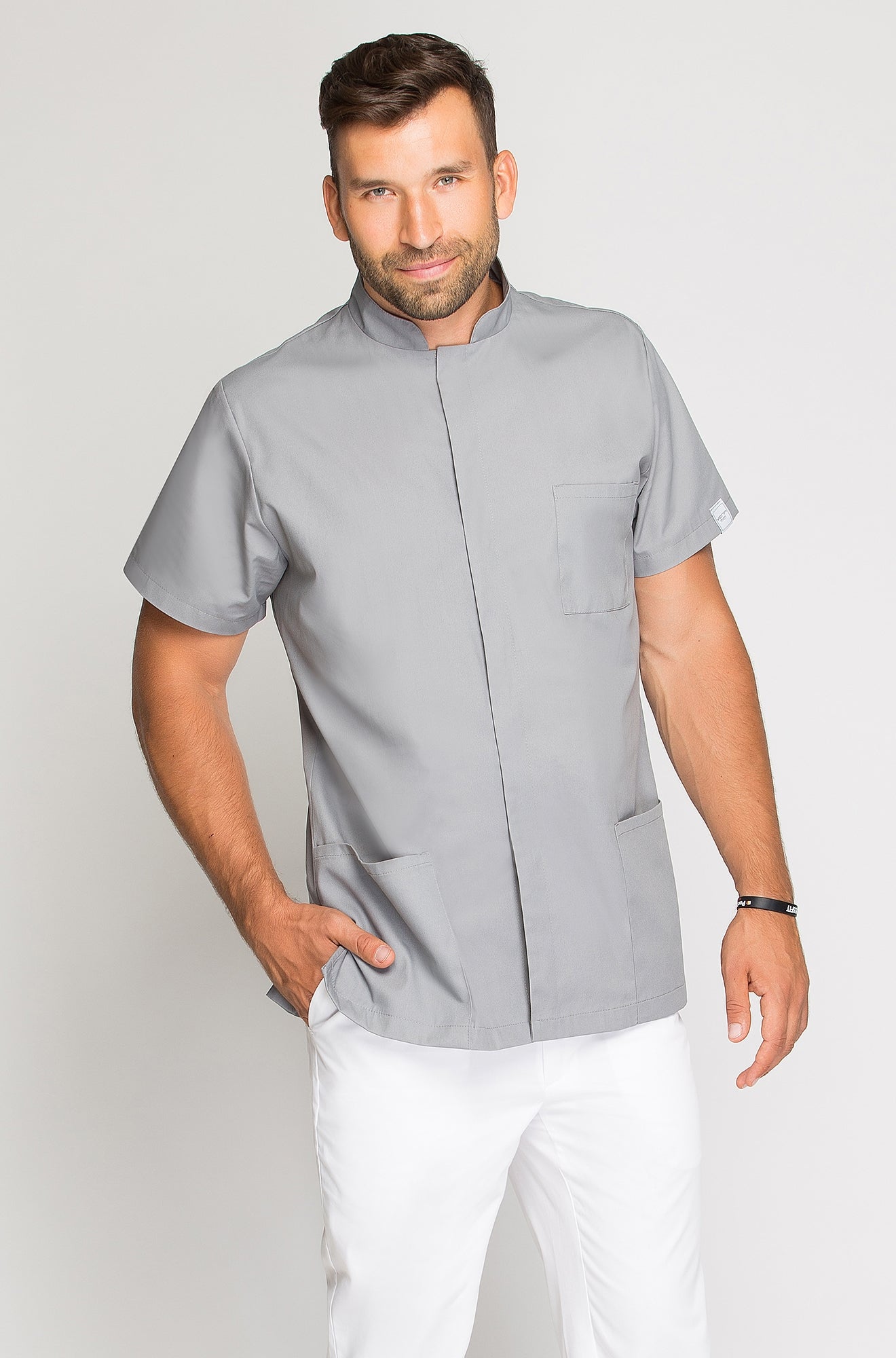 Men's medical blouse with stand-up collar, gray